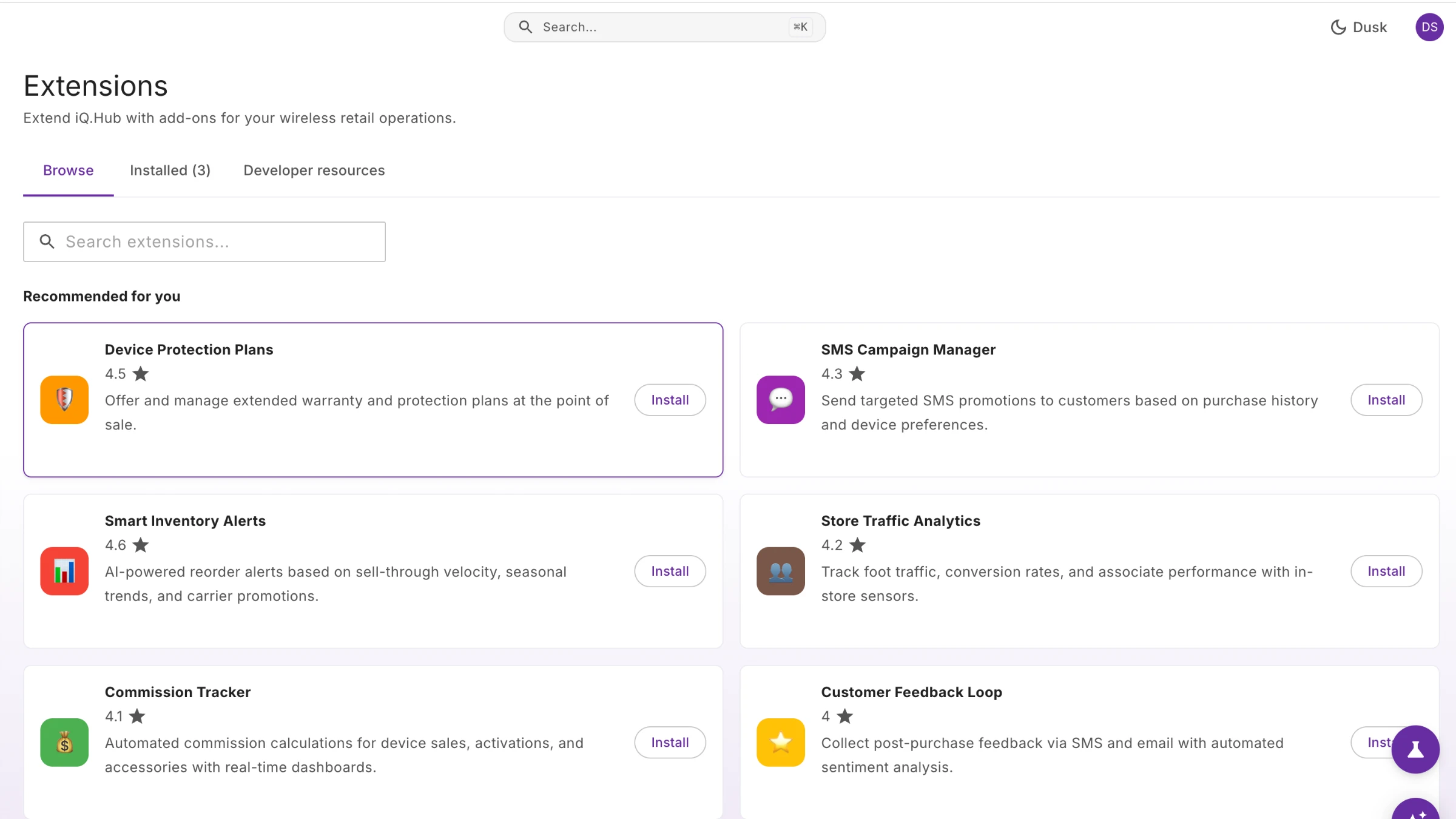 Hub's Extensions page, with tabs for Browse, Installed and Developer resources, recommending add-ons such as device protection plans, an SMS campaign manager and smart inventory alerts.