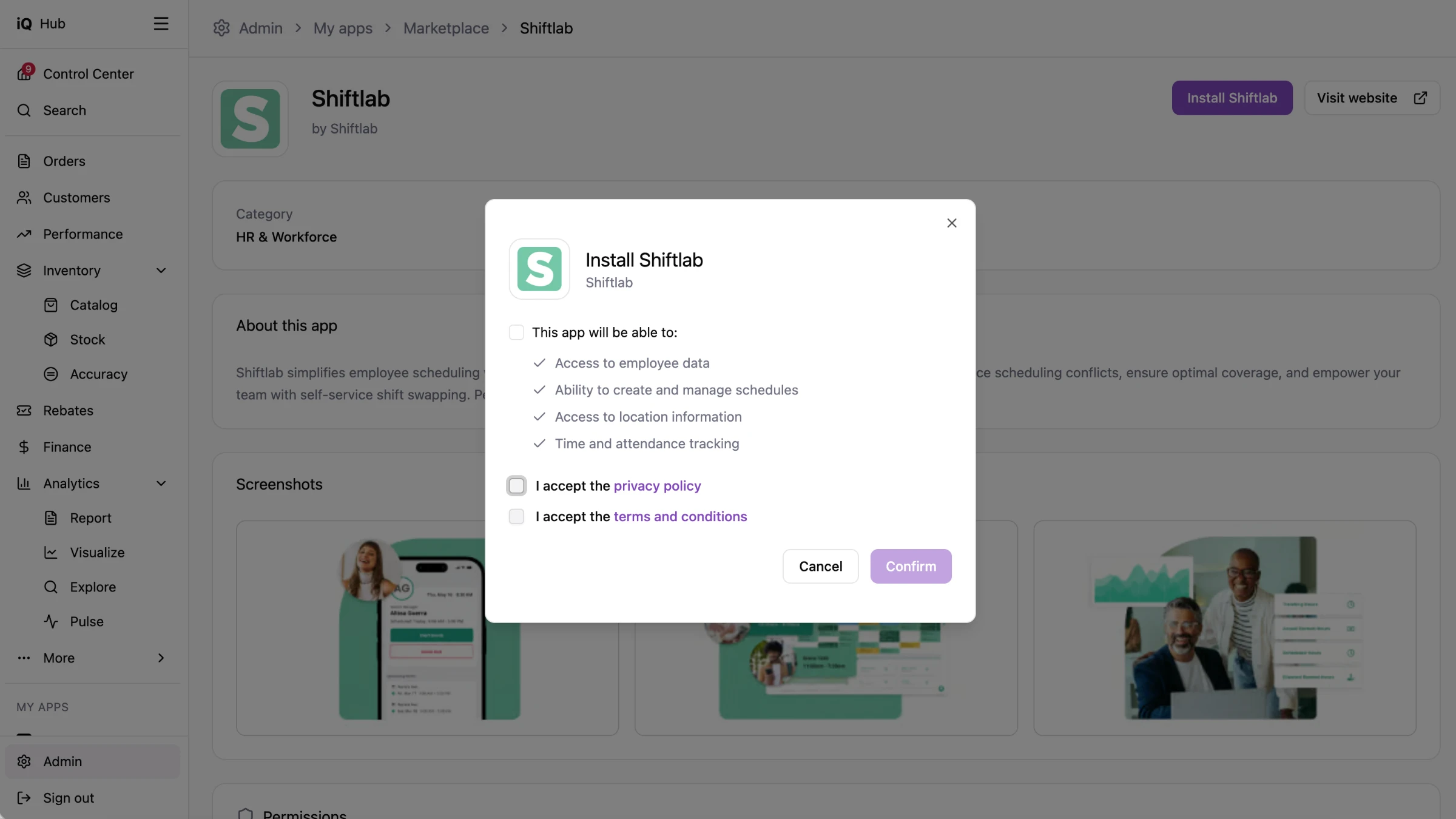 Hub design of the Install Shiftlab dialog, listing what the app will be able to do, with checkboxes to accept the privacy policy and the terms, and Cancel and Confirm buttons.