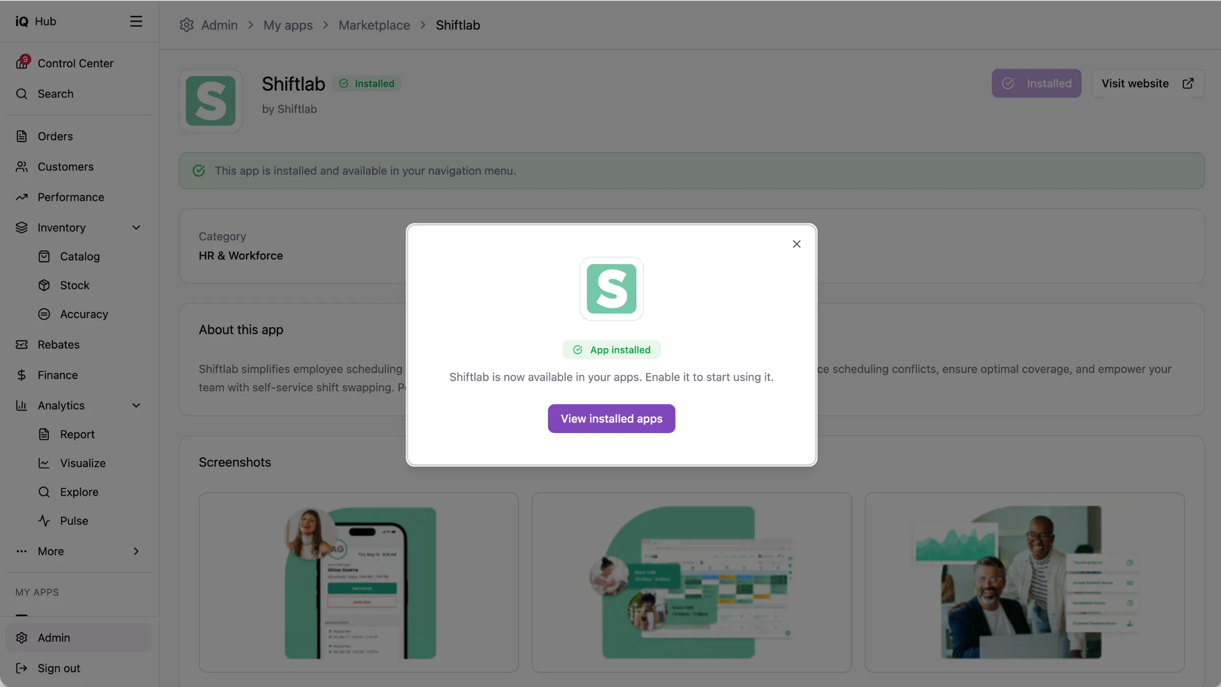 Hub design of the Shiftlab page after installing, with an App installed message and a button to view installed apps.