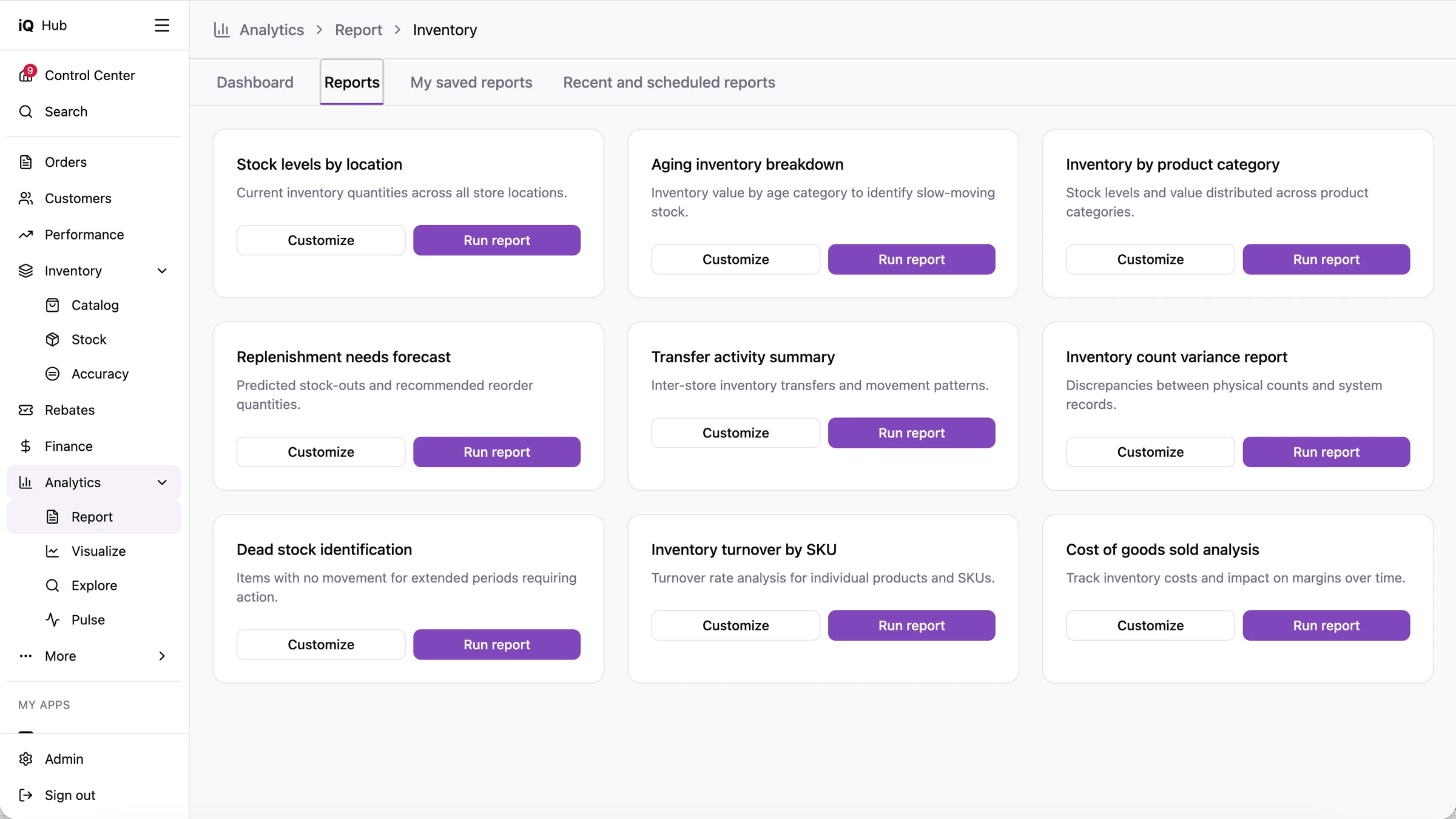 Hub design of the inventory reports, such as stock levels by location, aging inventory and a replenishment forecast, each with a short description and Customize and Run report buttons.
