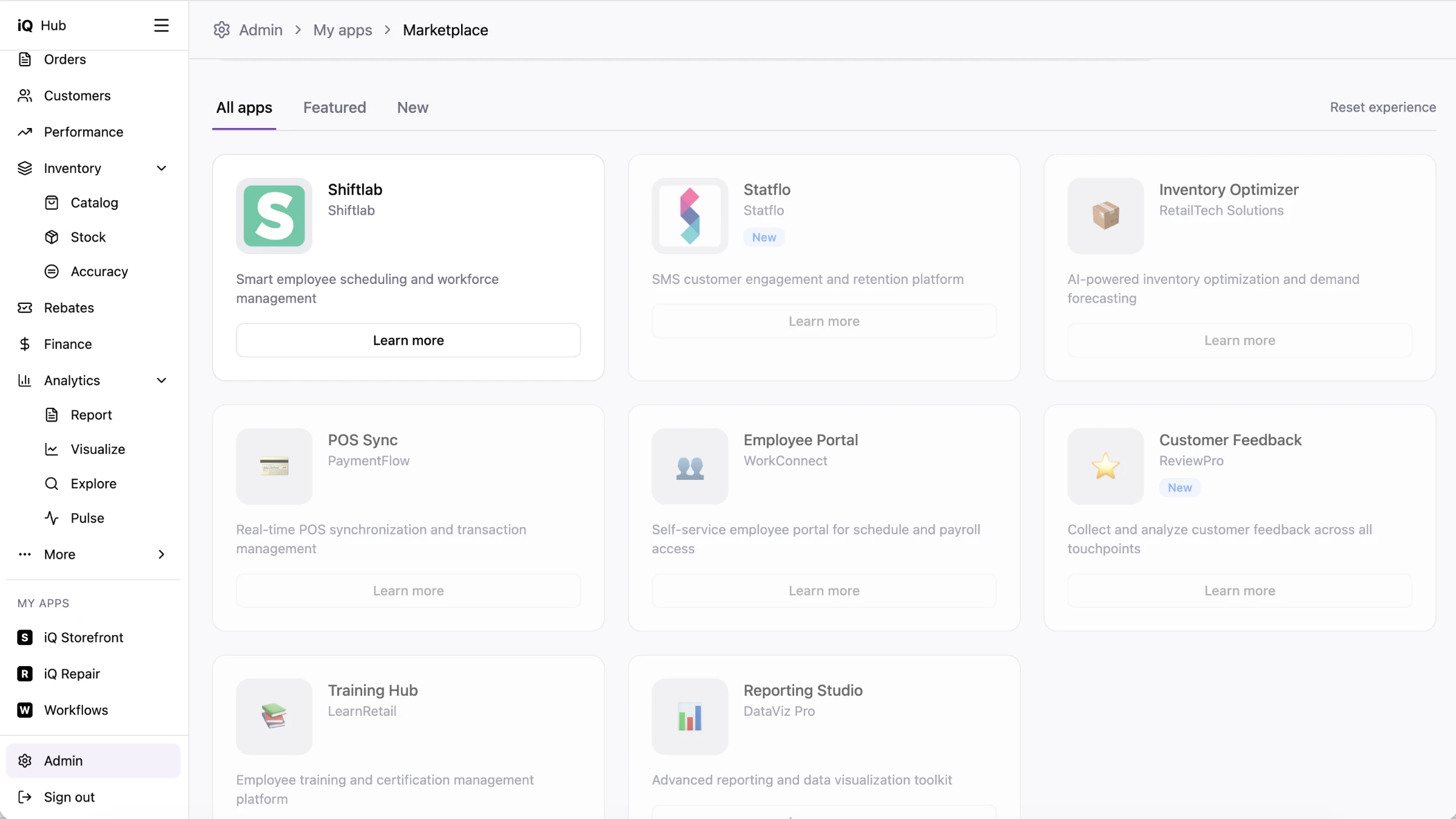 Hub design of the marketplace's list of apps, shown as cards for staff scheduling, customer texting, inventory, payments, employee self-service, feedback, training and reporting.