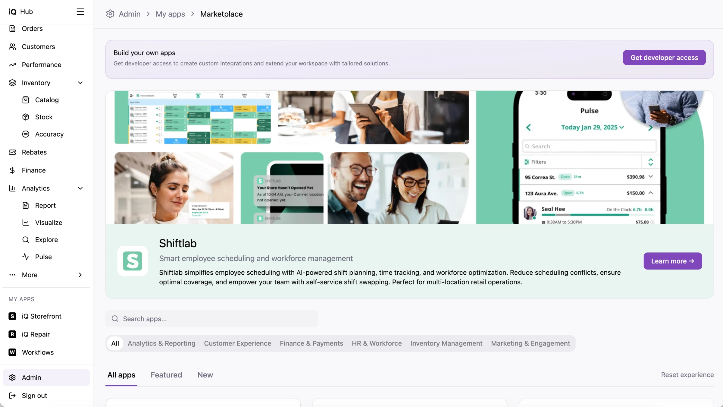 Hub design of the marketplace with a featured partner app for staff scheduling, and a banner offering developer access to build your own apps.