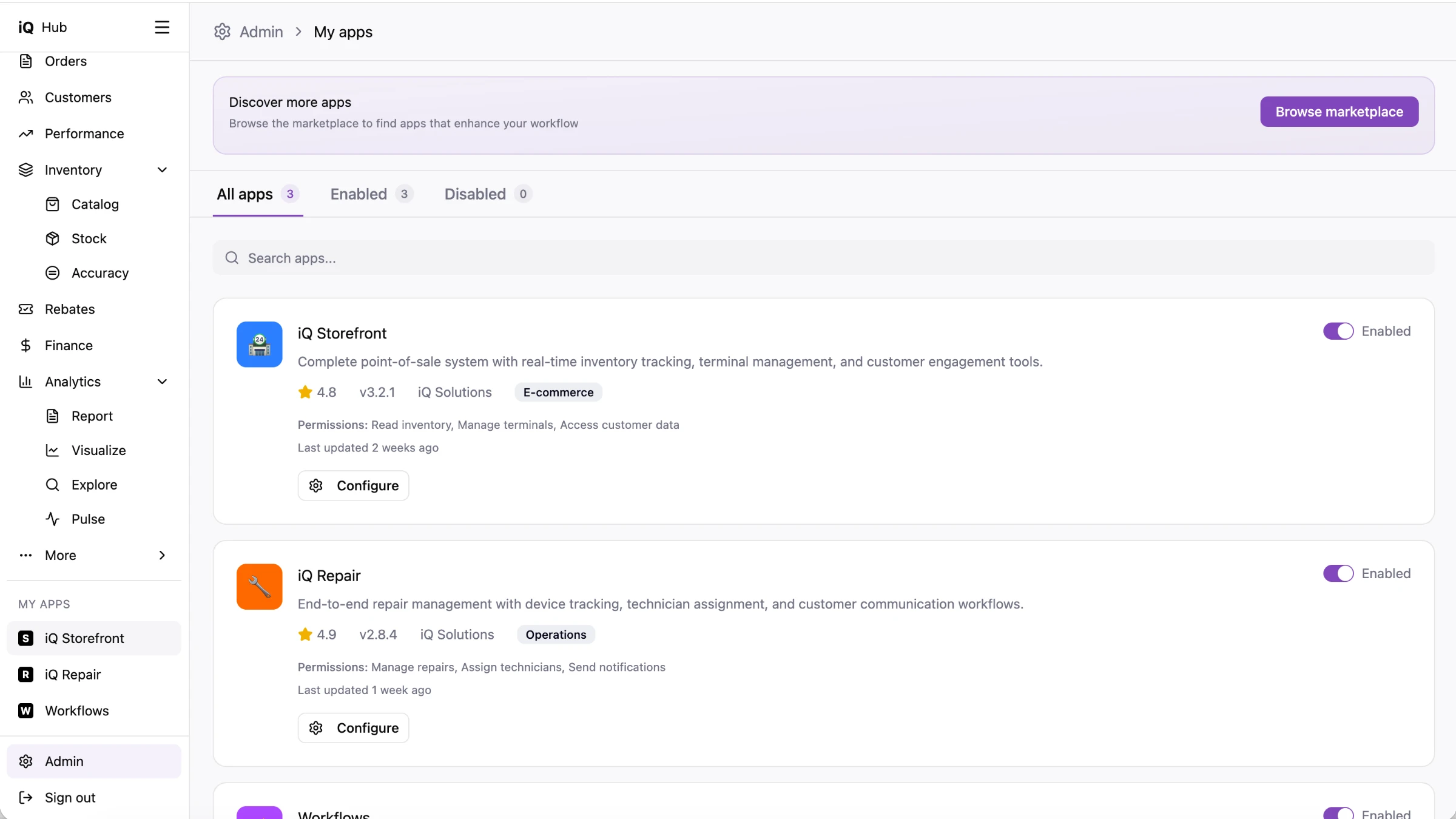 Hub design of the My apps page, listing iQ Storefront and iQ Repair with their descriptions and an Enabled switch on each, under a banner inviting the customer to browse the marketplace.