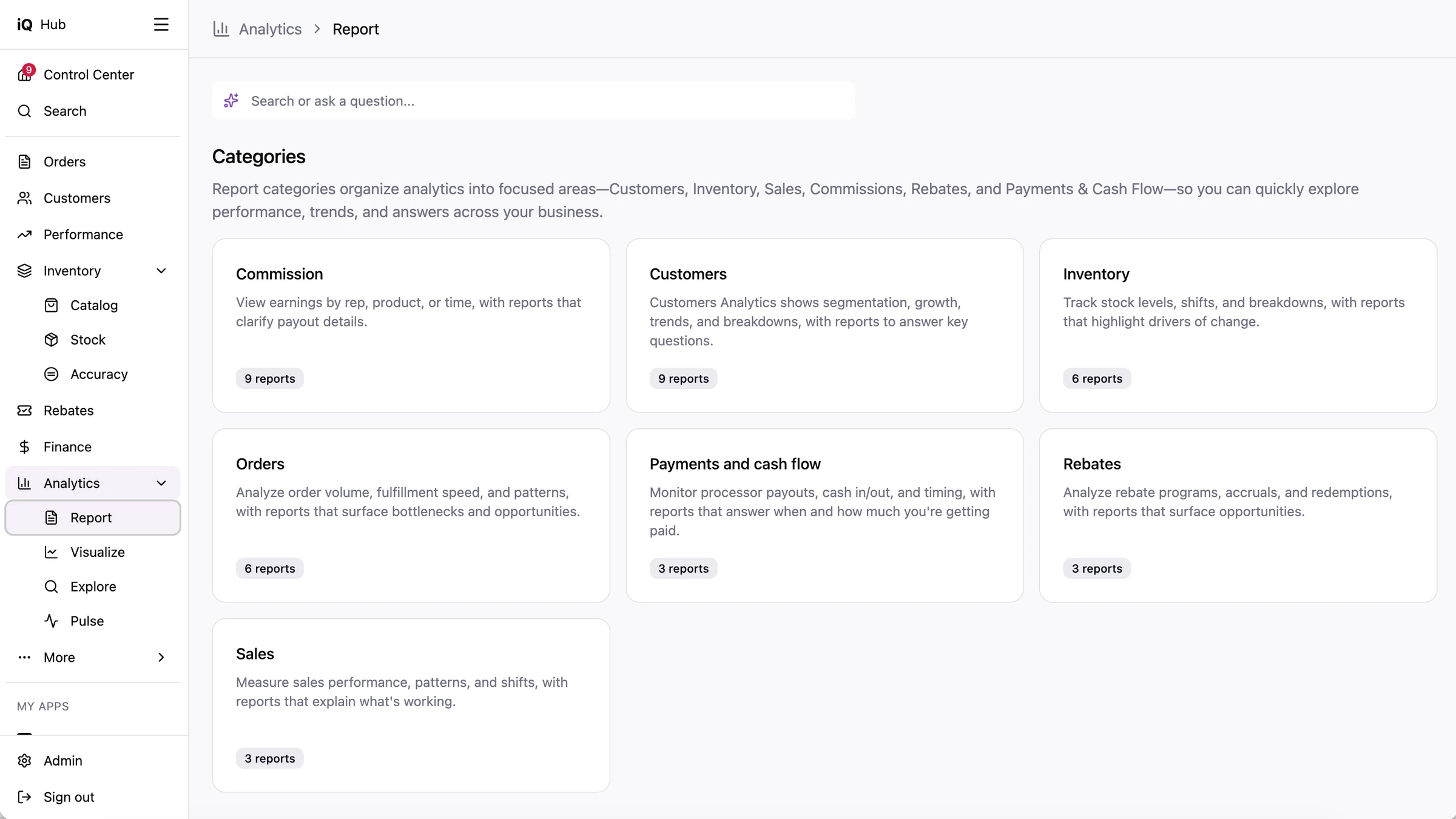 Hub design of the Analytics report categories: a box to search or ask a question, then cards for Commission, Customers, Inventory, Orders, Payments and cash flow, Rebates and Sales, each with its number of reports.