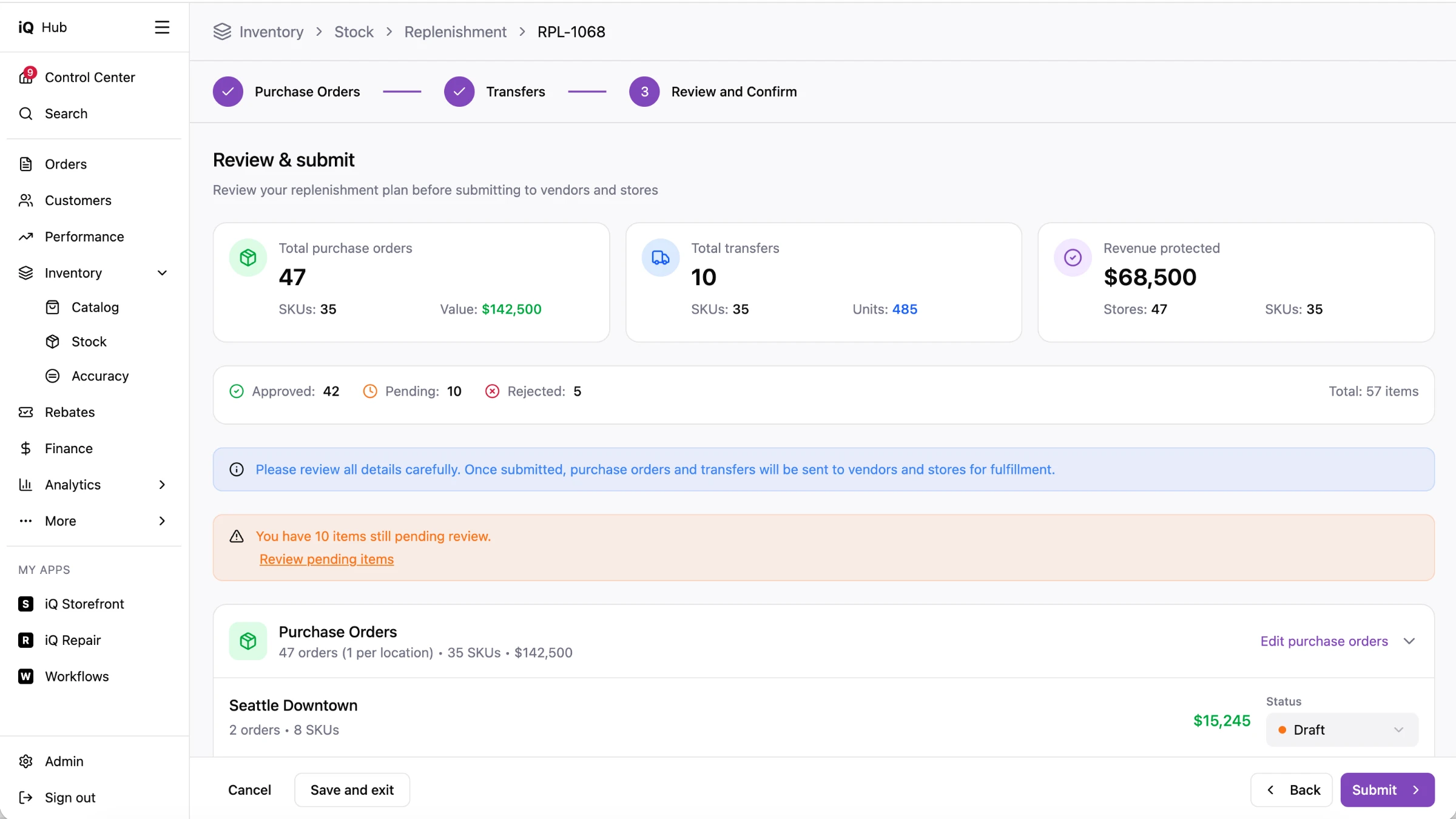 Hub design of step 3, Review and submit, summarising the purchase orders, transfers and the revenue the plan protects, with a warning that some items are still pending.