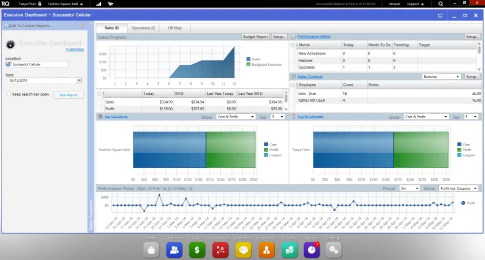 RQ's Executive Dashboard: a search bar of report settings down the left; tabs for Sales, Operations and HR; a sales progress chart, a table of sales and profit, a performance metrics table, sales contests, bar charts of top locations and top employees, and a performance trend line along the bottom, all on one screen.
