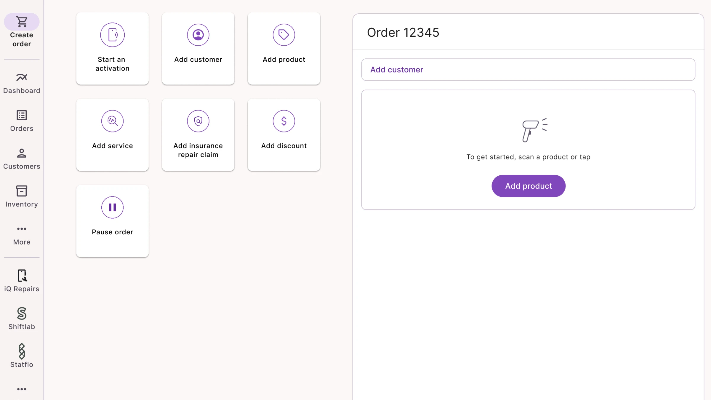 Storefront design of a new, empty order. Tiles offer to start an activation, add a customer, a product, a service, an insurance repair claim or a discount, or pause the order, and the empty order invites the rep to scan a product.