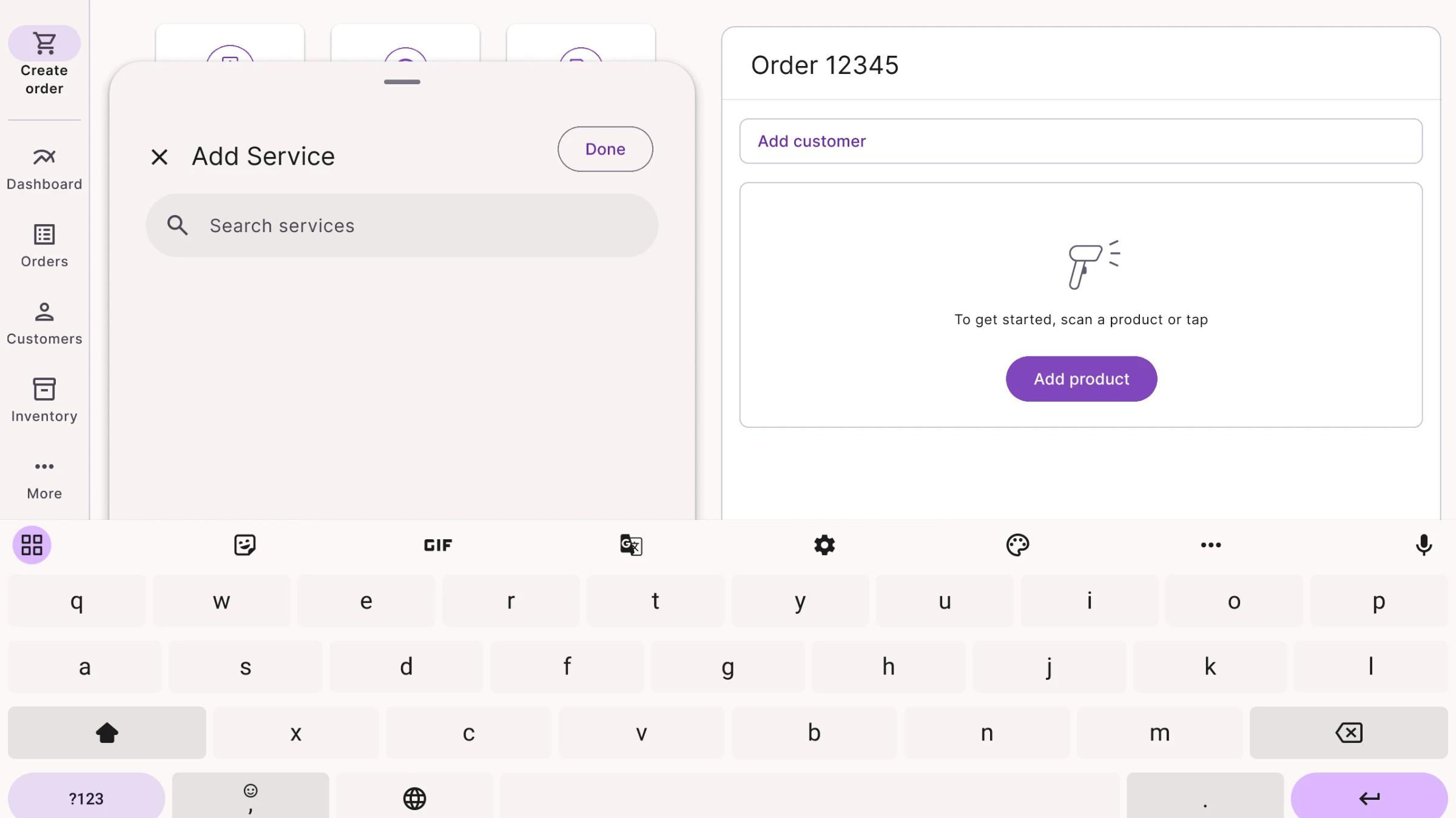 Storefront design of the Add Service panel open over the empty order, with the keyboard up and an empty search.