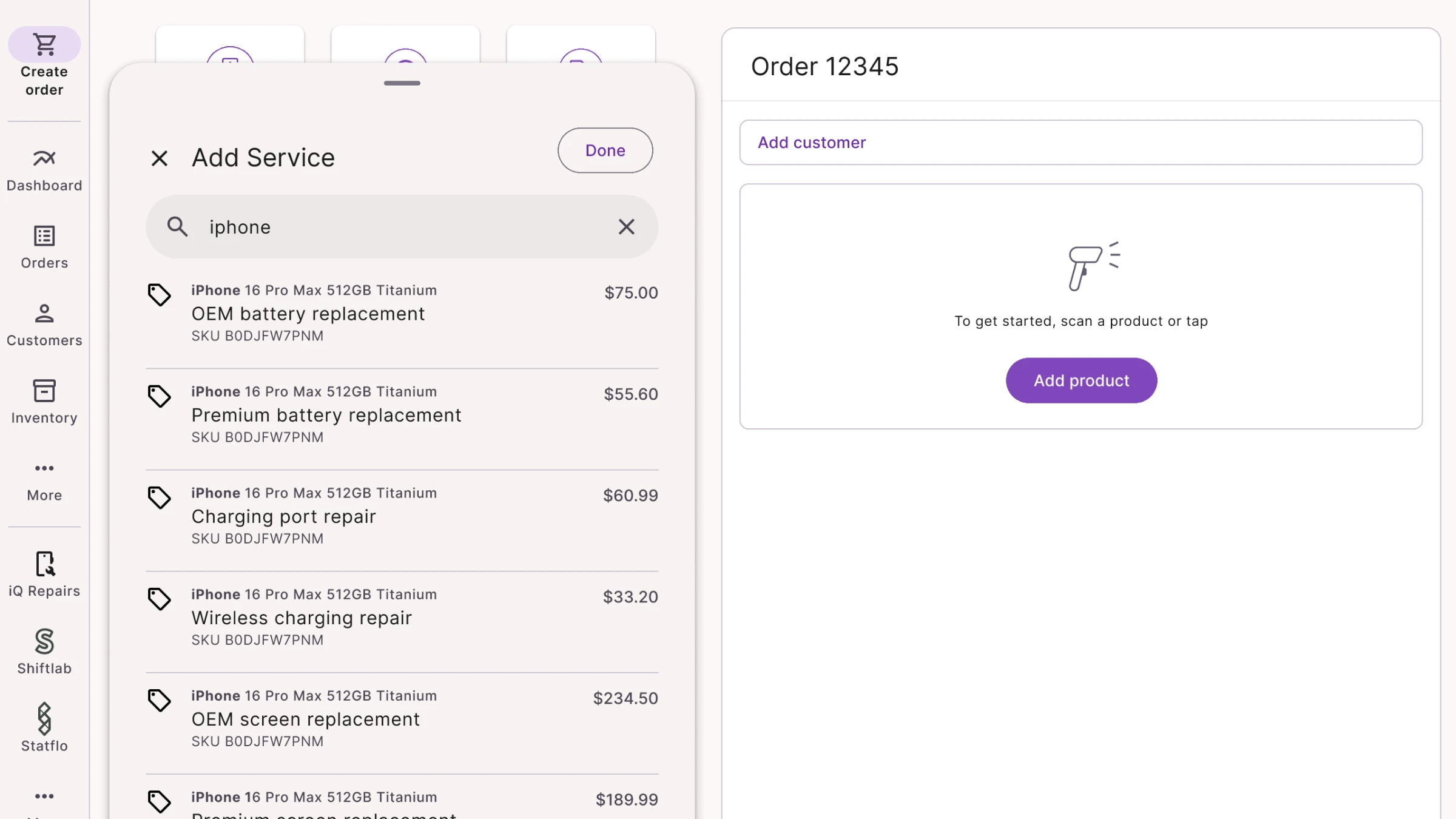 Storefront design of the Add Service panel with a search for iPhone listing repair services and their prices, beside the still-empty order.