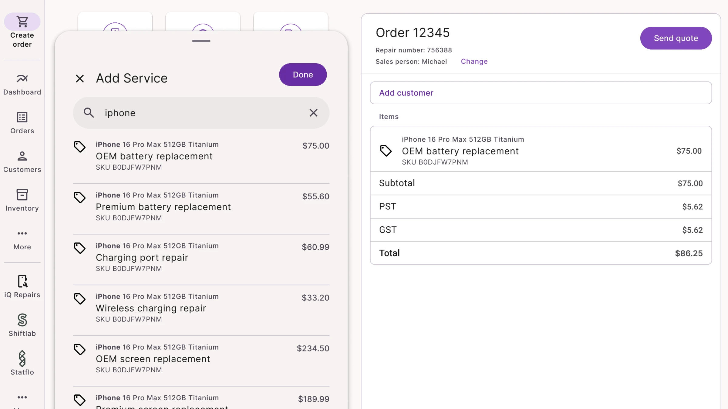 Storefront design with one service, an OEM battery replacement, added to the order, which now shows the subtotal, taxes and a total of $86.25.