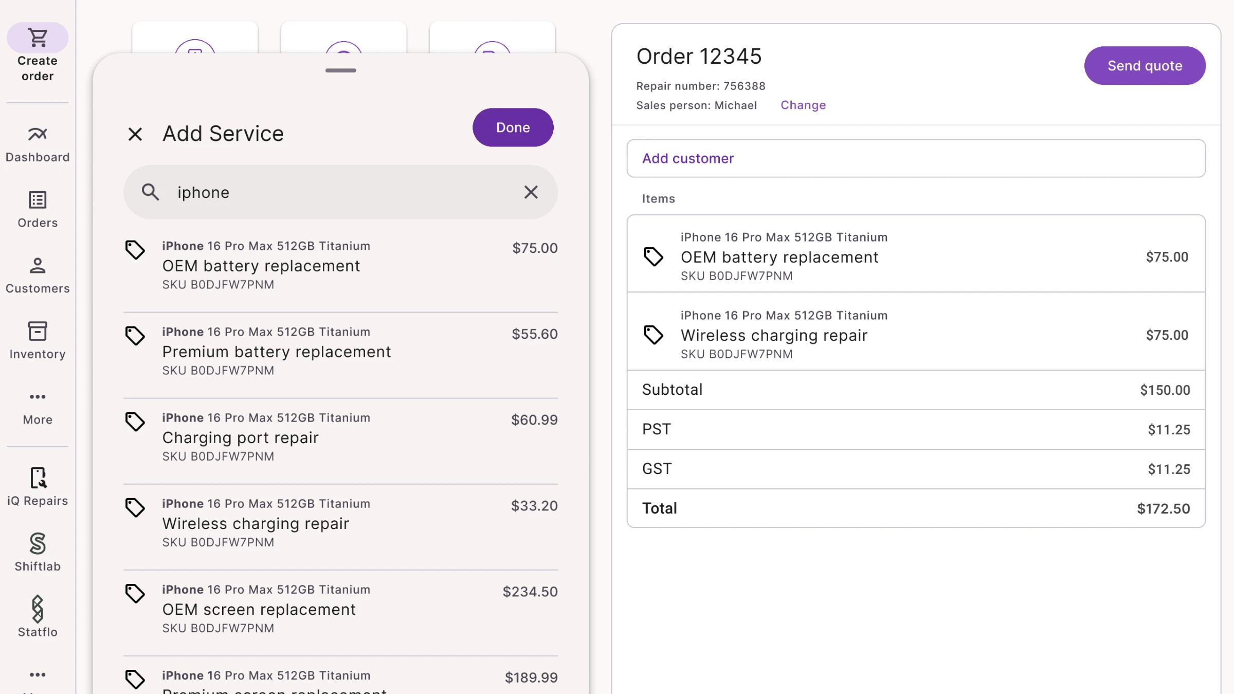 Storefront design with a second service, wireless charging repair, added, and the order total at $172.50.