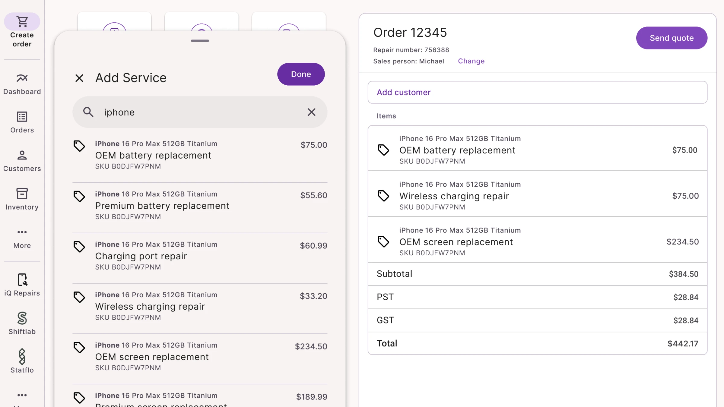 Storefront design with a third service, OEM screen replacement, added, and the order total at $442.17.