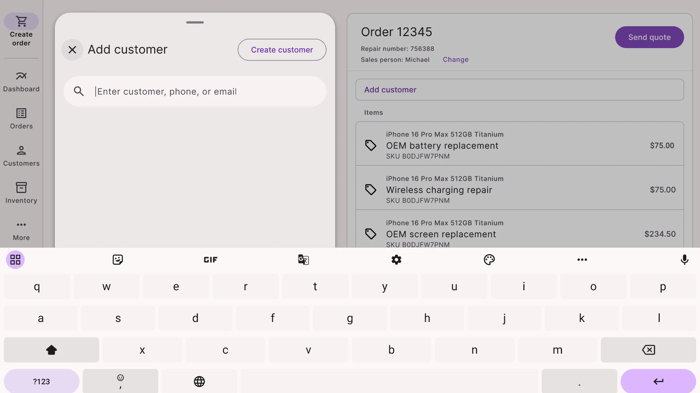 Storefront design of the Add customer panel, with an empty search for a customer, phone or email and the keyboard up.
