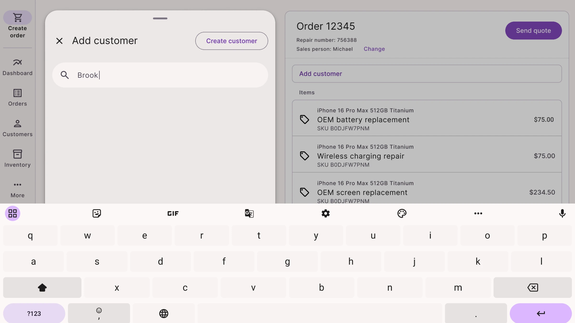 Storefront design of the Add customer panel with Brook typed into the search.
