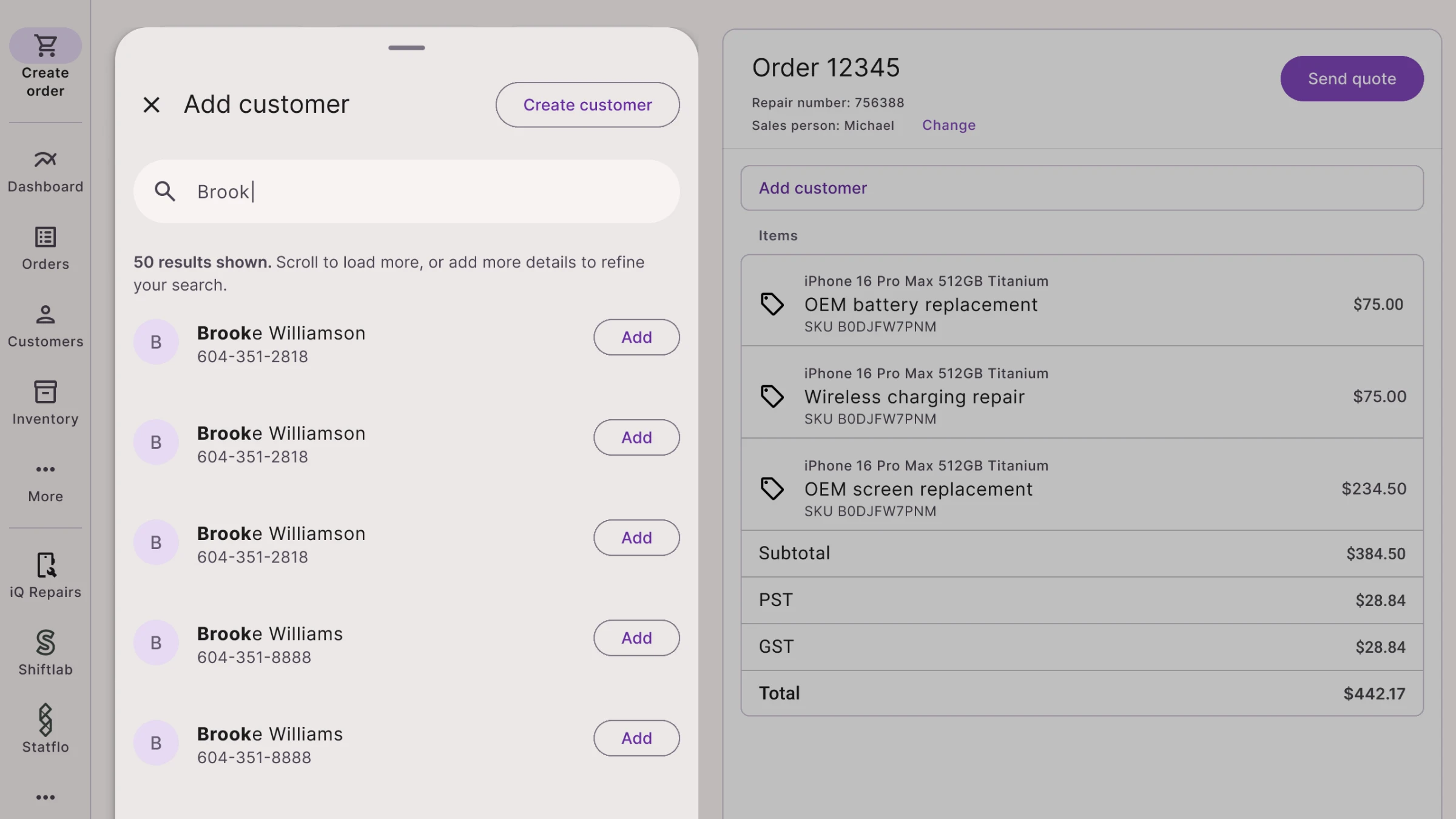 Storefront design of the Add customer panel listing customers named Brooke Williamson and Brooke Williams with their phone numbers and an Add button for each.