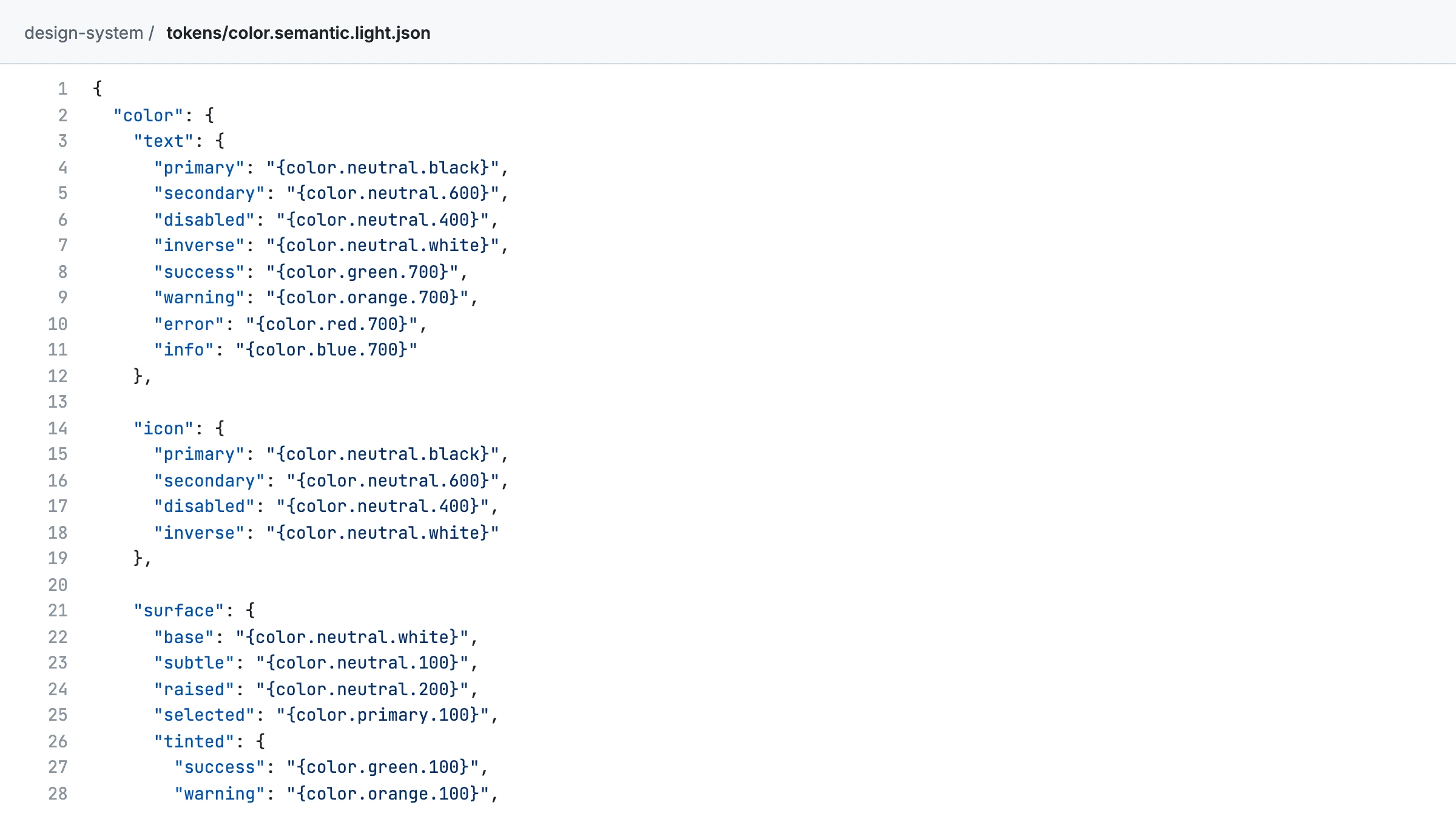 The design system's colour token file, tokens/color.semantic.light.json, in GitHub. Each colour is named by its use, for text, icons and surfaces, such as primary, secondary, disabled and error, and points to a raw value such as color.neutral.600.