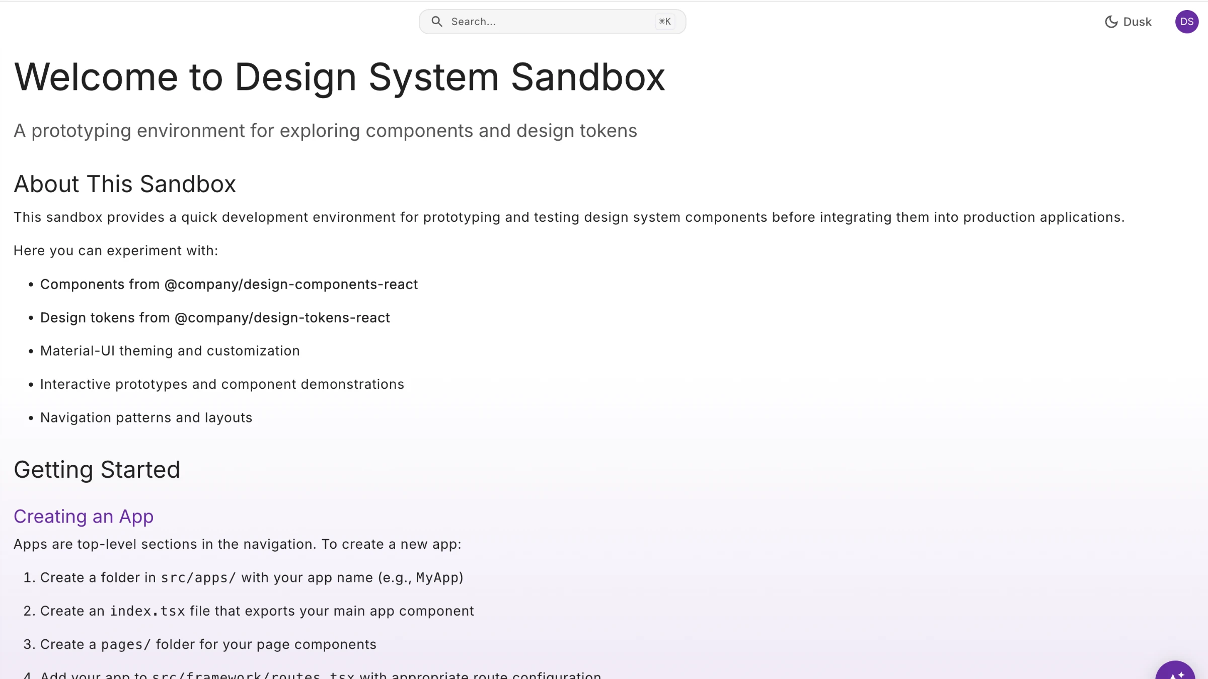The welcome page of the Design System Sandbox, inside Hub, listing what designers can try: components and design tokens from the company's React packages, Material-UI theming, prototypes, and navigation patterns, with steps for creating an app.